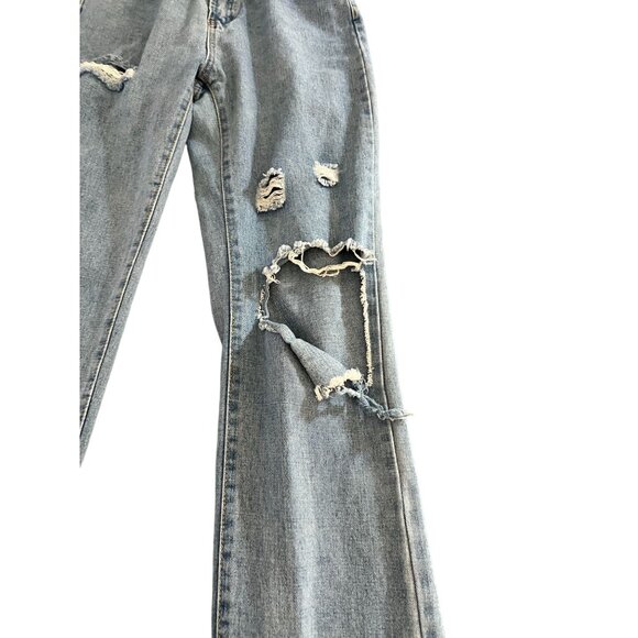 Shein Distressed Light Wash High-Waisted Straight-Leg Denim Jeans Womens Casual - Picture 5 of 6